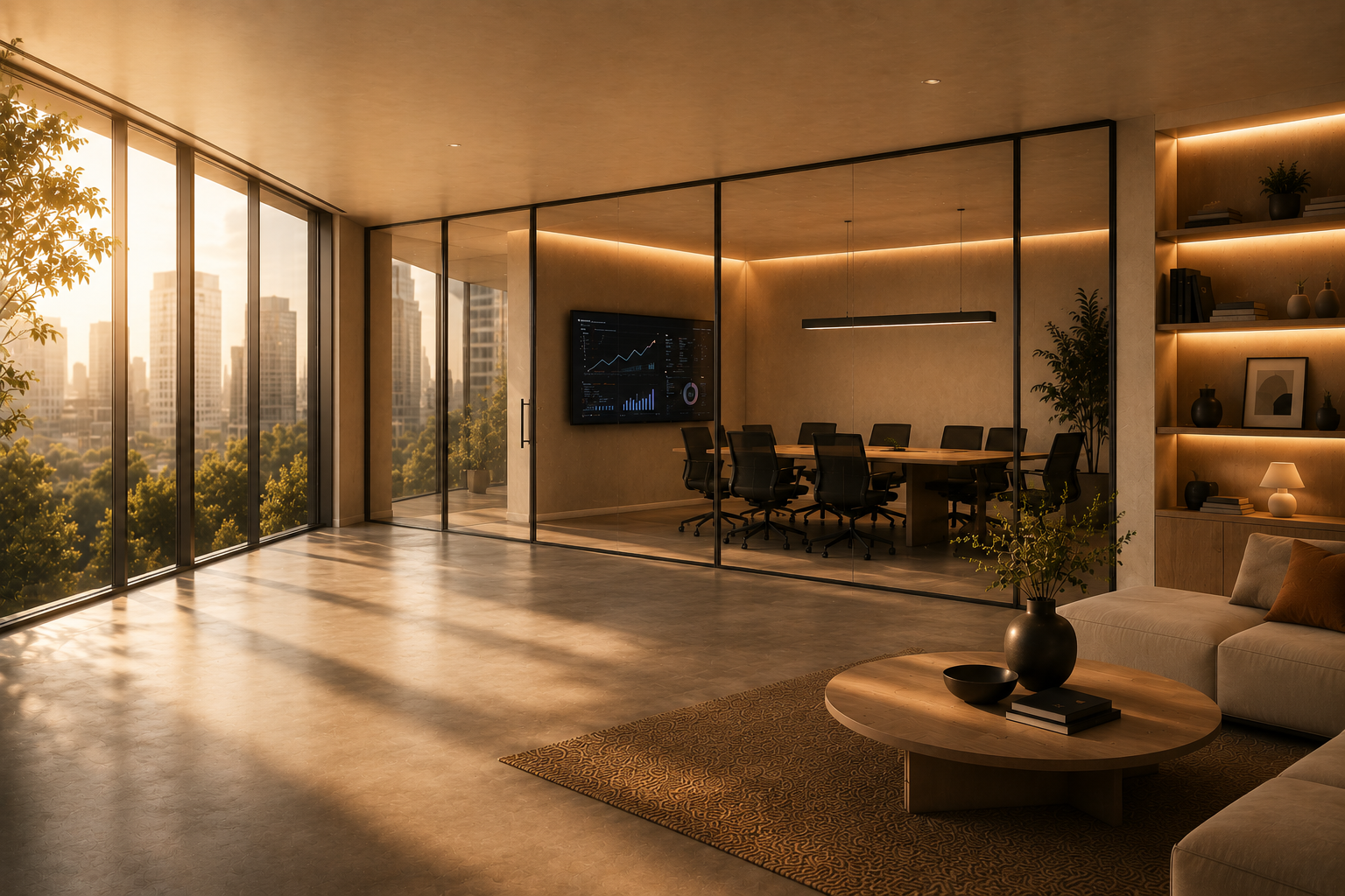 Hero background image of a modern office with people working